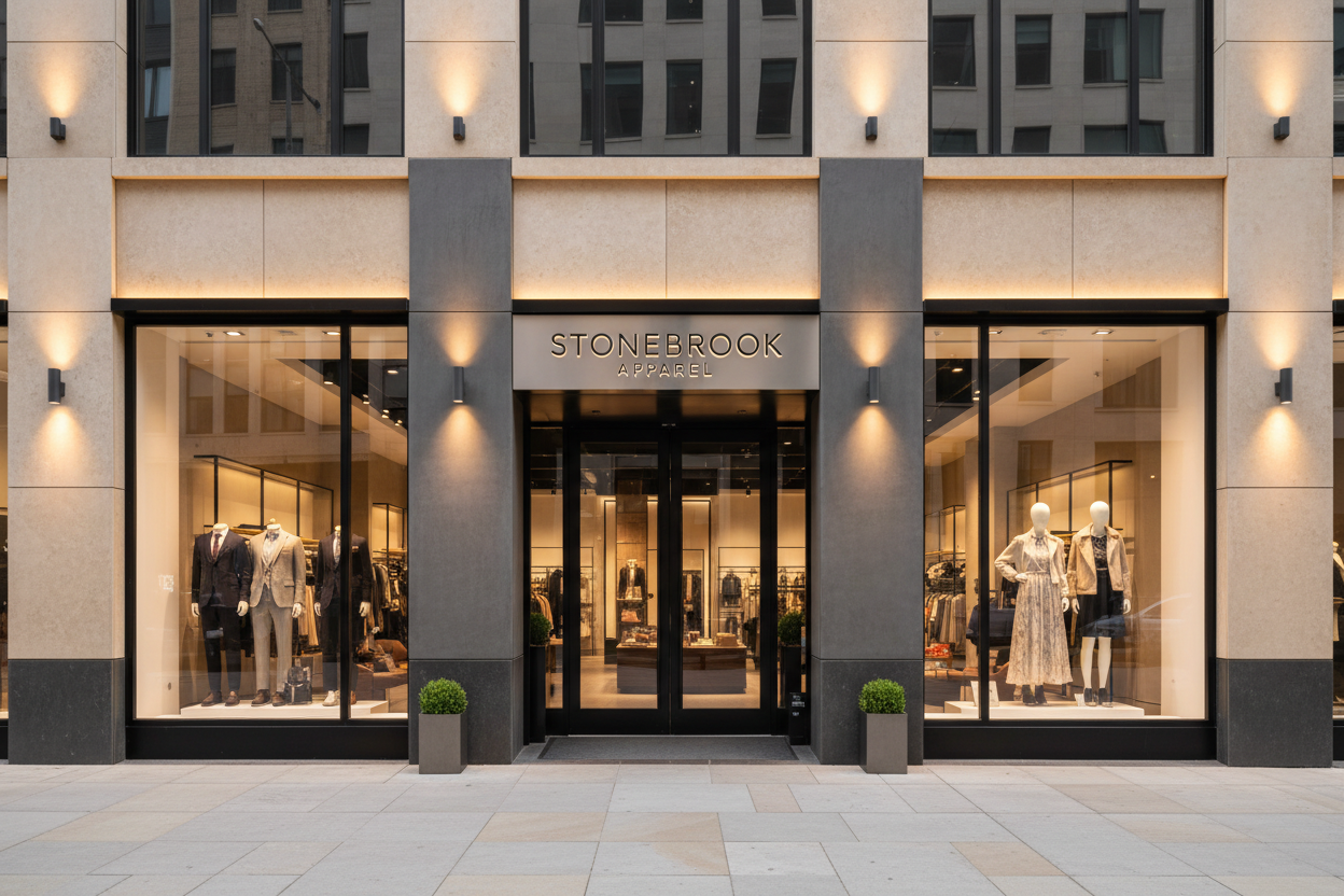 Our storefront with our store name Stonebrook Apparel readable above the door, make sure its a chique and modern store for men and women. Give it modern, beige, grey and black tone and color combo so it matches the store and other images